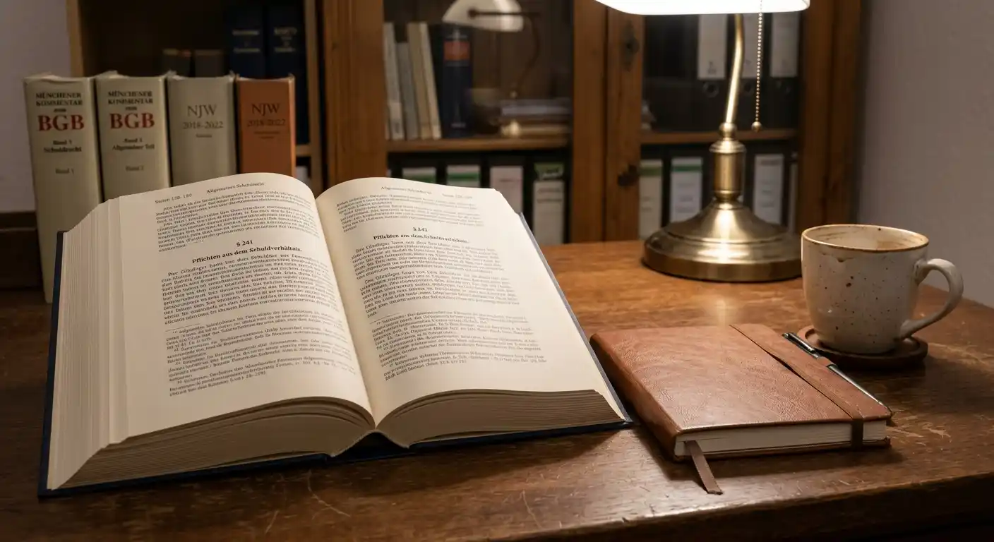 Schreibtisch mit einem Aktenschrank im Hintergrund, einem aufgeschlagenen Gesetzes-Kommentar und einem Notizbuch, dazu ein leerer Kaffeebecher, gedämpftes Licht, Archiv-Atmosphäre