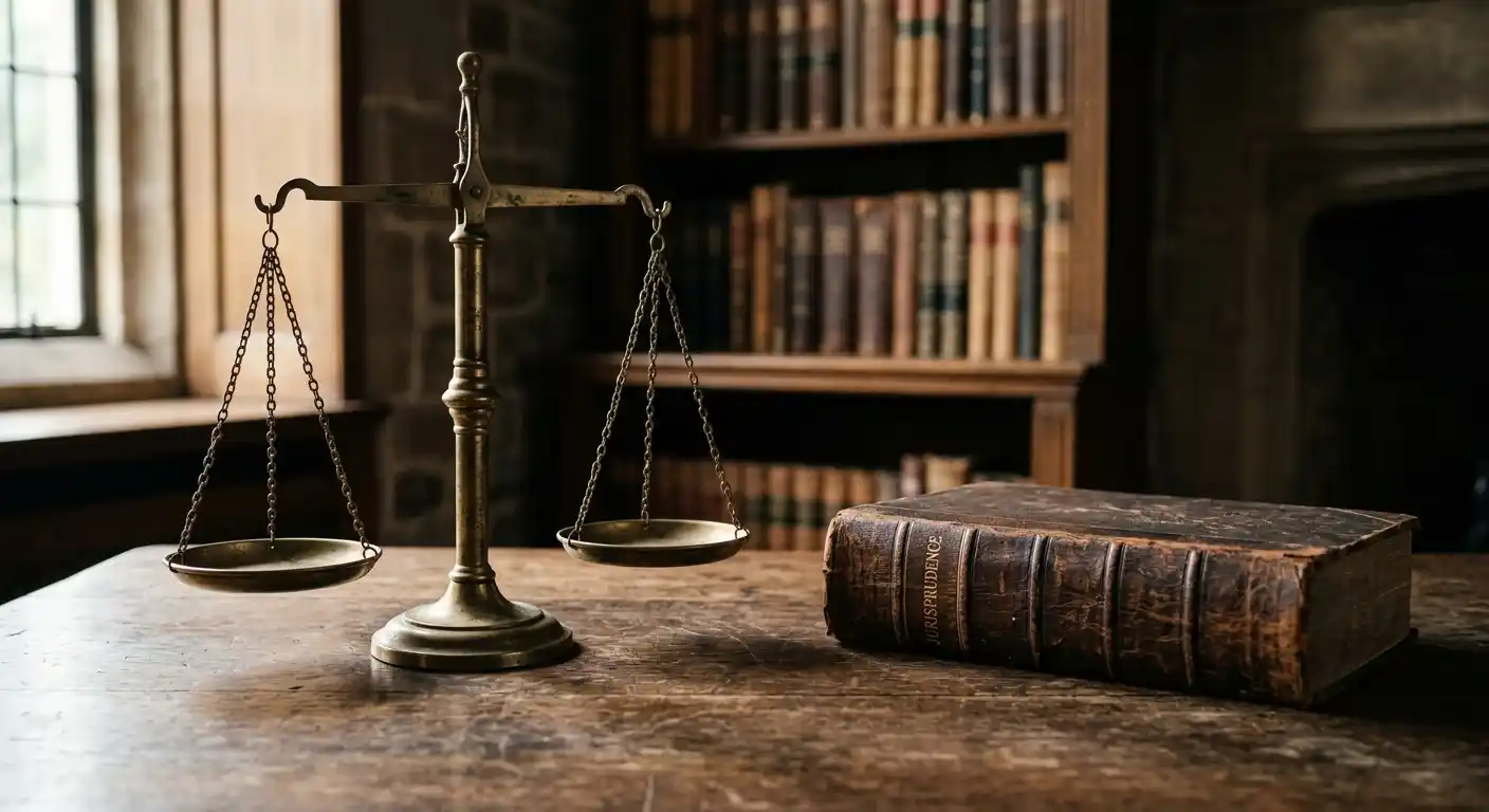 Waage und Gesetzesbuch auf neutralem Hintergrund, symbolisch für rechtliche Abwägung