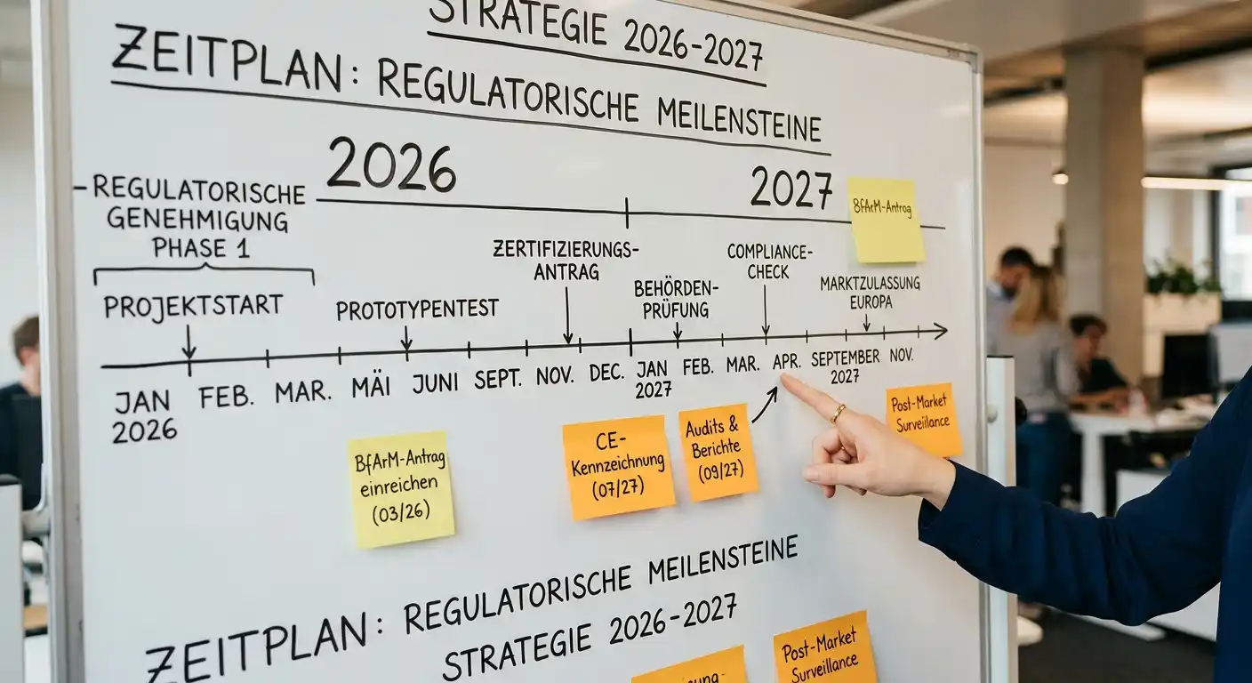 Planungstafel mit Timeline 2026-2027 und regulatorischen Notizen auf Post-its