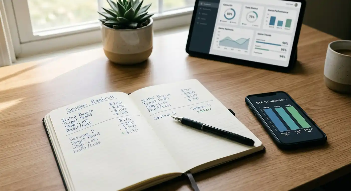 Schreibtisch mit Notizen zu Auszahlungsquote, Volatilität und Budgetplanung
