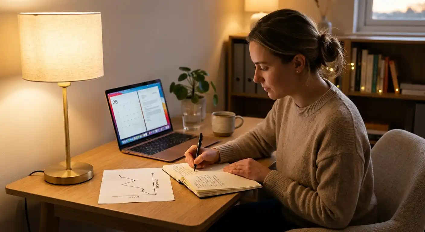 Person am Schreibtisch schreibt in ein Notizbuch mit Stift, einfache Kurvenzeichnung auf einem Blatt daneben, keine Logos, ruhiges indirektes Licht, analytische Stimmung