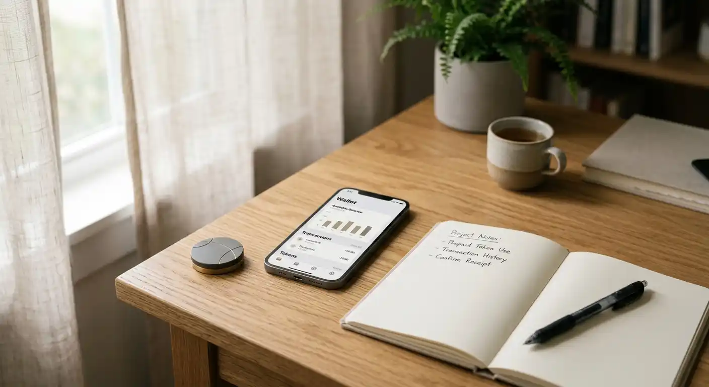 Ruhiger Arbeitsplatz mit Prepaid-Token und einer Wallet-App als Zahlungsalternativen