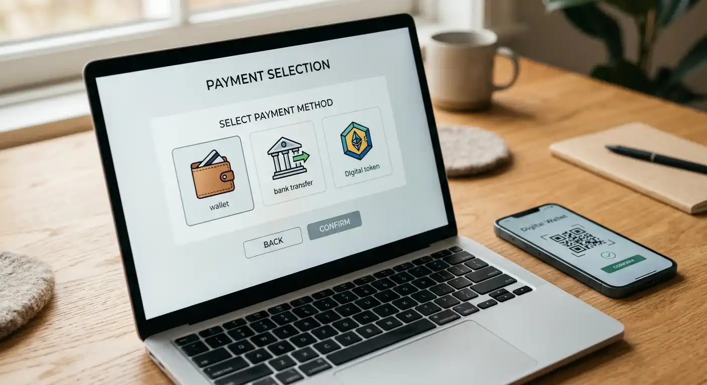 Laptop mit neutraler Auswahl verschiedener digitaler Zahlungsmethoden ohne Logos