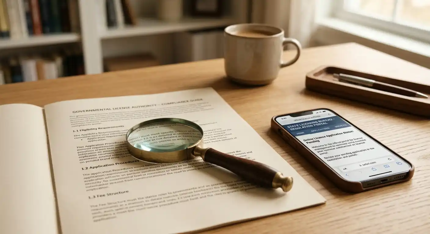 Lupe über einem Vertragstext, daneben ein Smartphone mit geöffneter Lizenz-Webseite, neutraler Hintergrund, scharfes Licht