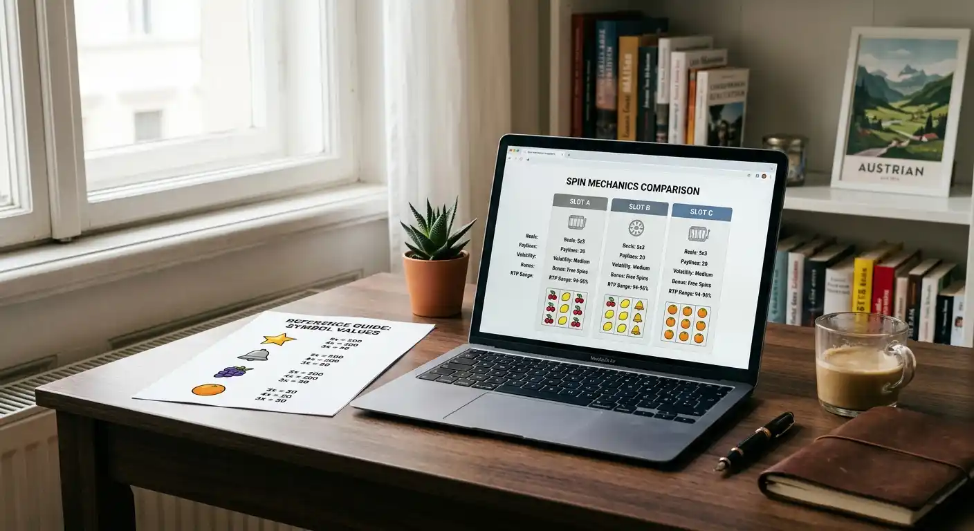 Vergleich von Spielversionen und Gewinnplans auf einem neutralen Schreibtisch