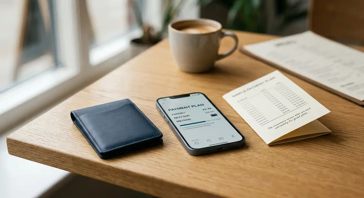 Smartphone und neutrale Wallet-Karte auf einem Tisch neben einem übersichtlichen Zahlungsplan, ohne Markenkennzeichen