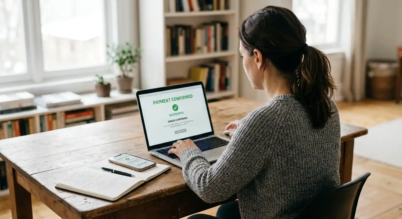 Person prüft am Laptop eine neutrale Zahlungsbestätigung, daneben Notizblock und Smartphone ohne Markenoberfläche