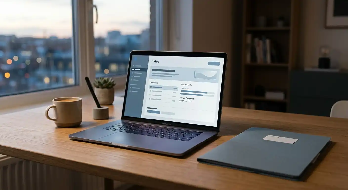 Ruhiger Arbeitsplatz mit neutralem Auszahlungsstatus auf einem Laptop und geschlossener Dokumentenmappe