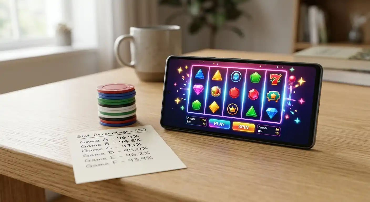 Smartphone mit Pragmatic-Play-Slot auf dem Bildschirm und einem Stapel Spielmünzen daneben