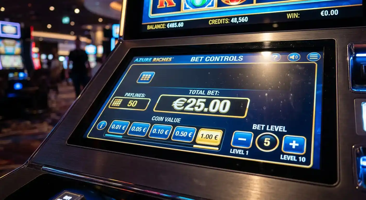 Nahaufnahme eines Slot-Interfaces mit Einsatz-Einstellungen und Coin-Value-Anzeige