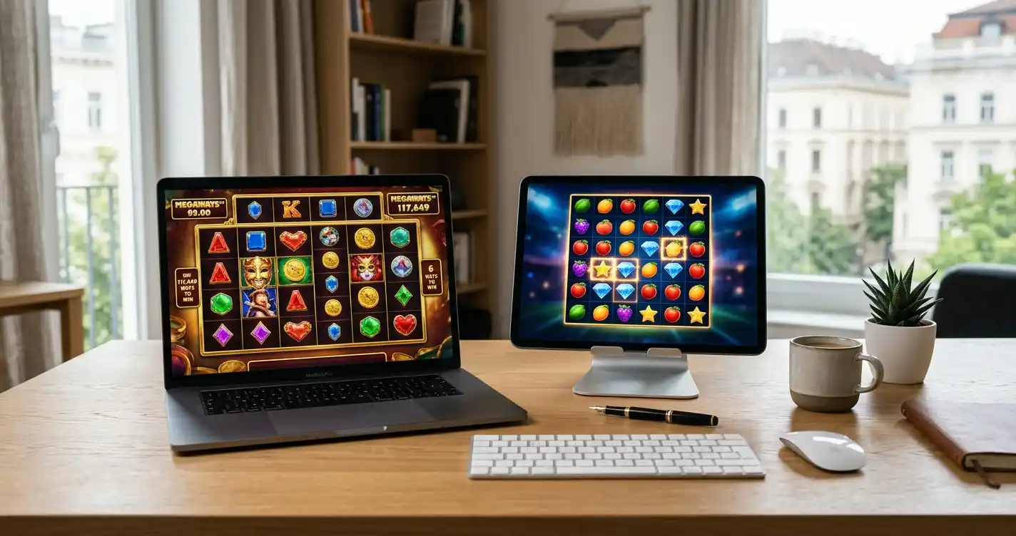 Nah-Aufnahme eines Smartphones mit geöffnetem Slot-Spiel, verschwommener Hintergrund