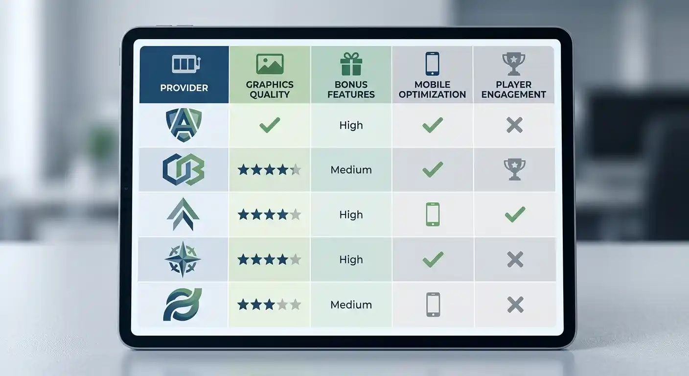 Logos verschiedener Slot-Provider als neutrale Symbole auf Übersichts-Grafik