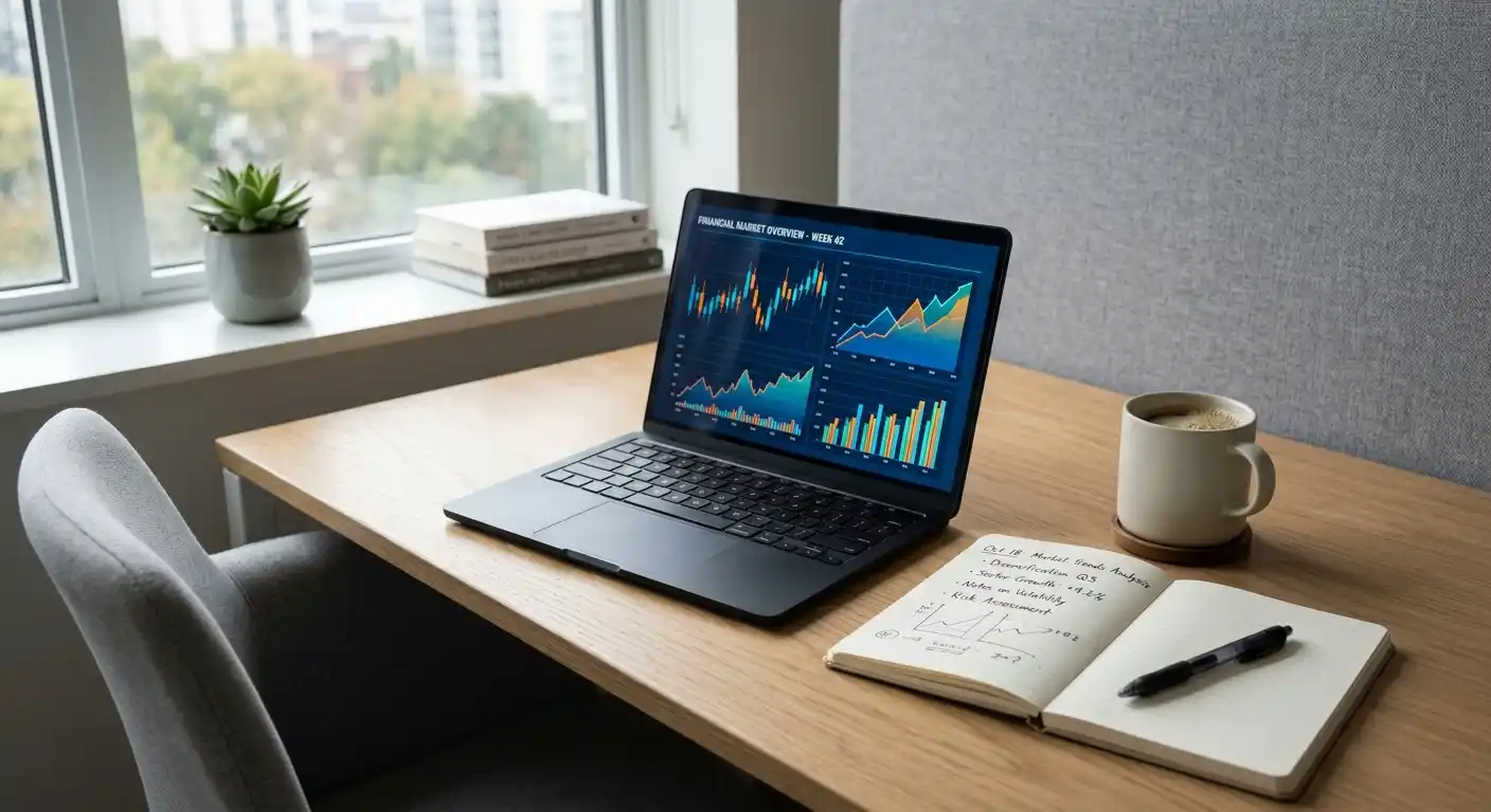 Laptop mit Finanz-Charts und handgeschriebenen Notizen auf Schreibtisch