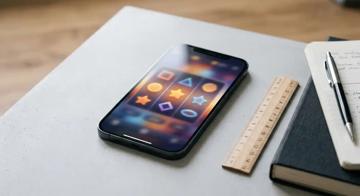 Smartphone mit einem Spielautomat-Display neben einem Lineal und Notizblock