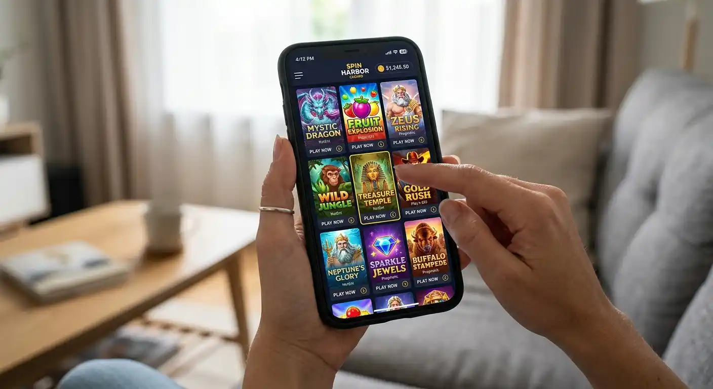 Smartphone mit geöffneten Slot-Spielen verschiedener Provider auf dem Display