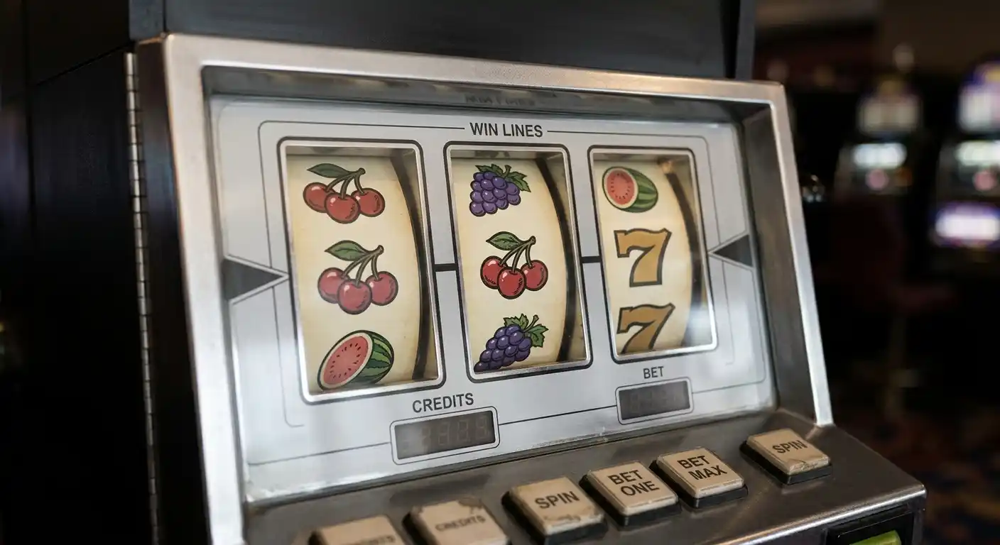 Nahaufnahme generischer Spielautomaten-Walzen mit einfachen Frucht- und Zahlensymbolen ohne Markenzeichen