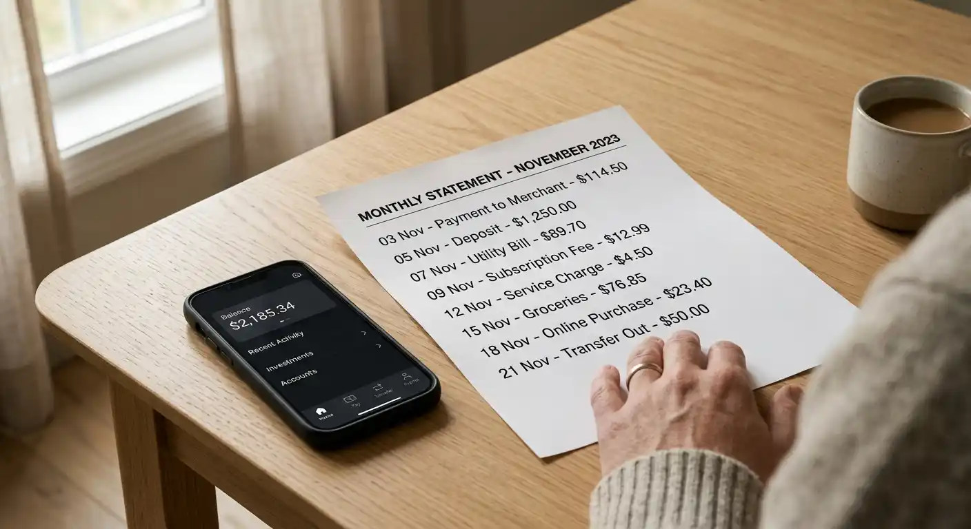 Gedruckte Monatsabrechnung mit mehreren gebündelten Positionen auf einem Tisch