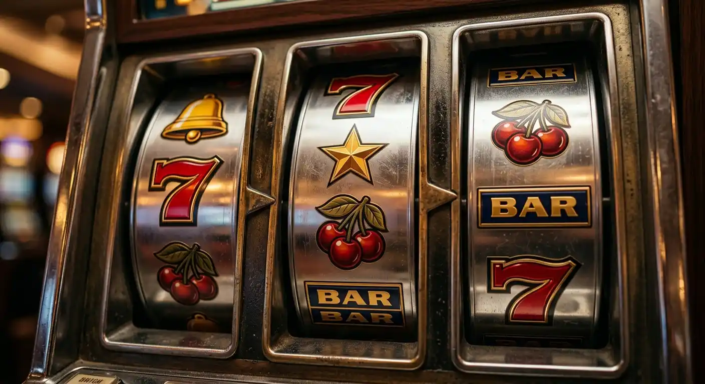 Nahaufnahme von Spielautomat-Symbolen mit glänzenden Walzen, ruhige Foto-Beleuchtung, keine Spielmarken erkennbar