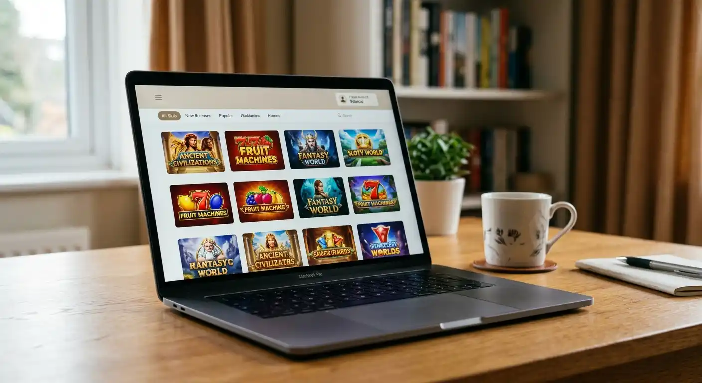 Laptop zeigt neutrale Casino-Lobby mit Slot-Thumbnails verschiedener Anbieter