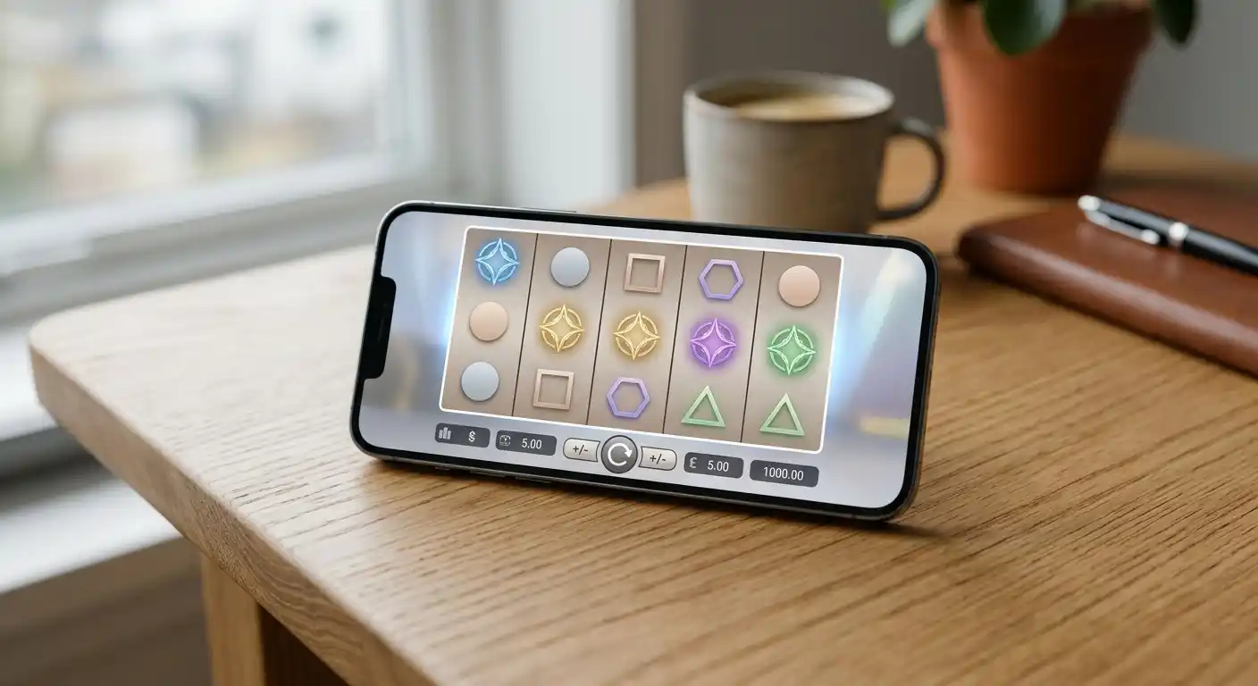 Smartphone mit neutralem Spielautomaten im Demo-Modus auf einem aufgeräumten Tisch