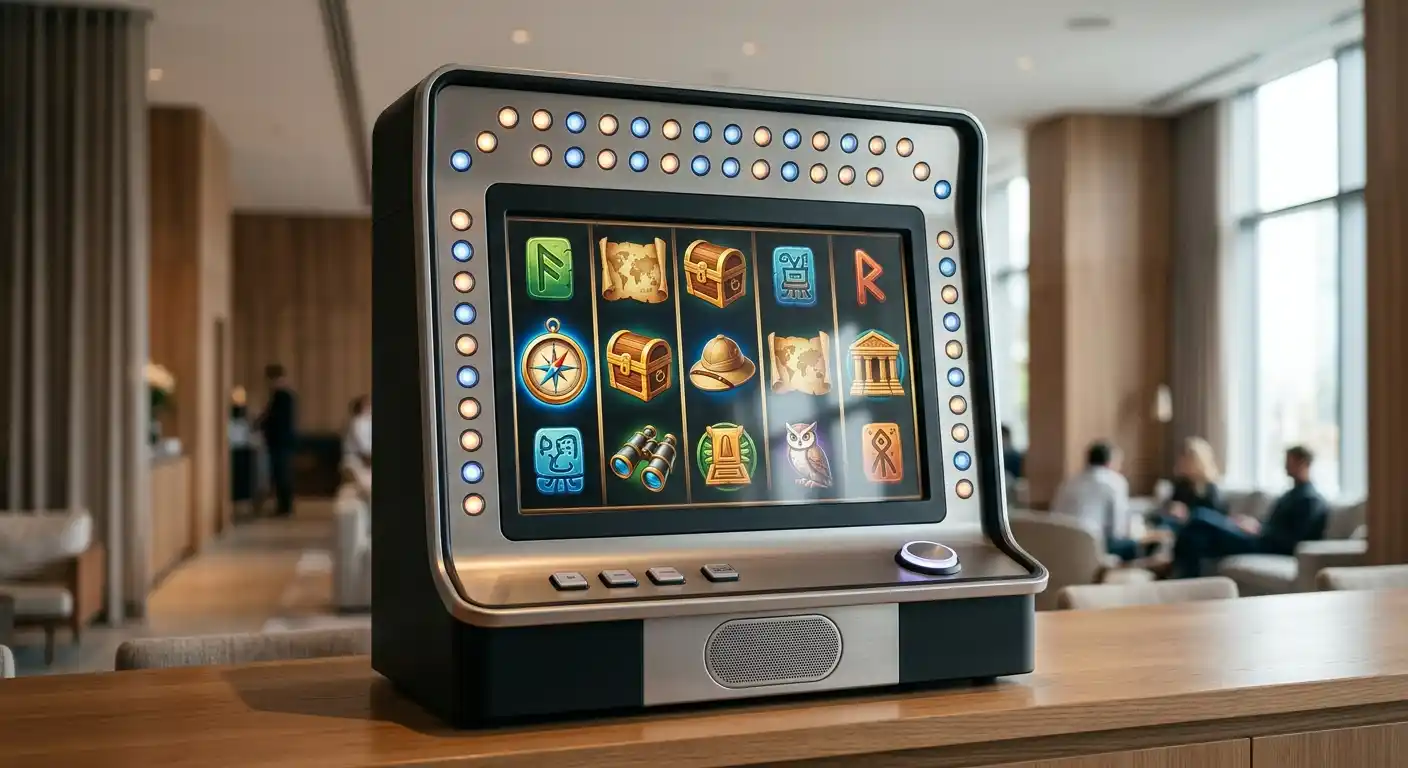 Generischer fünfwalziger Spielautomat mit neutralen Abenteuersymbolen und vierzig markierten Drehungen