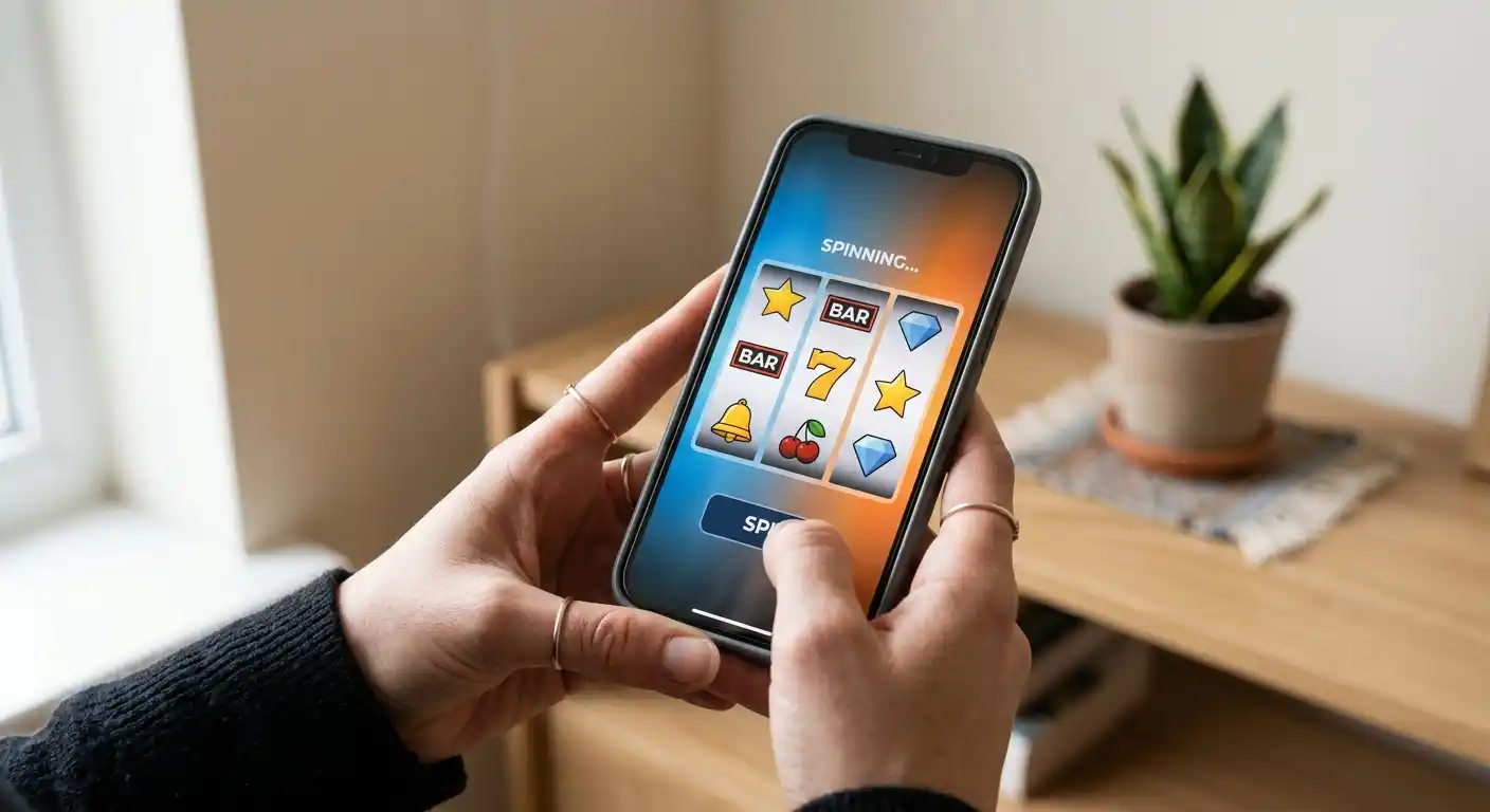 Hand hält ein Smartphone mit neutralen Walzensymbolen ohne Markenkennung
