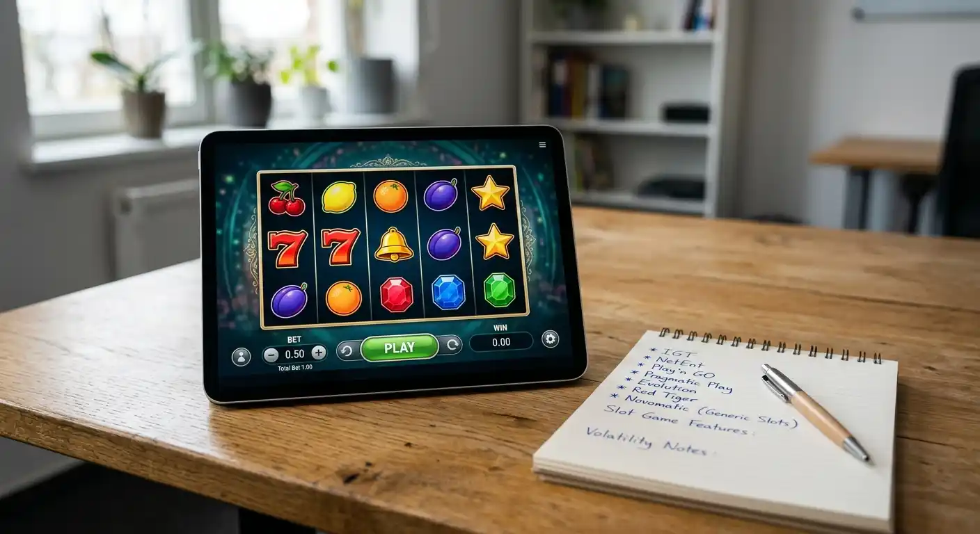 Tablet zeigt Übersicht verschiedener Spielautomaten-Symbole neben Notizbuch mit Provider-Namen