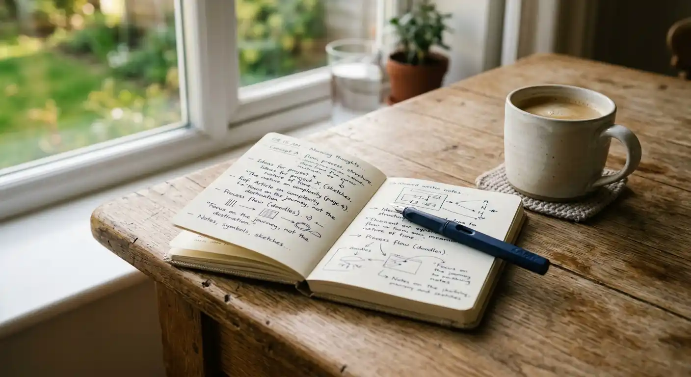 Notizbuch mit handschriftlichem Budgetplan und Stift auf einem Holztisch