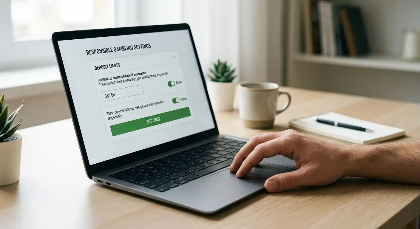 Person setzt an einem neutralen Laptop ein Einzahlungslimit in ruhiger Umgebung