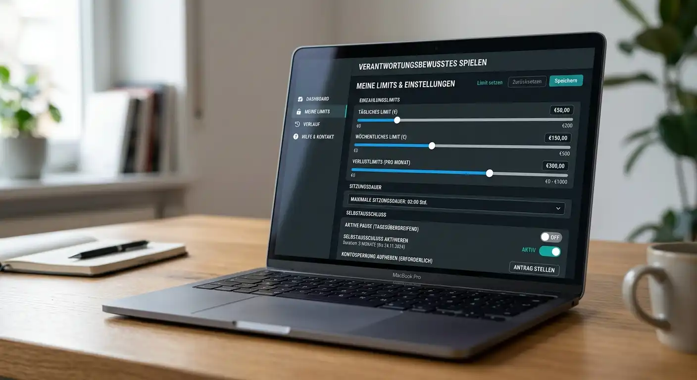 Laptop-Bildschirm mit Spielerschutz-Einstellungen und Selbstlimit-Optionen