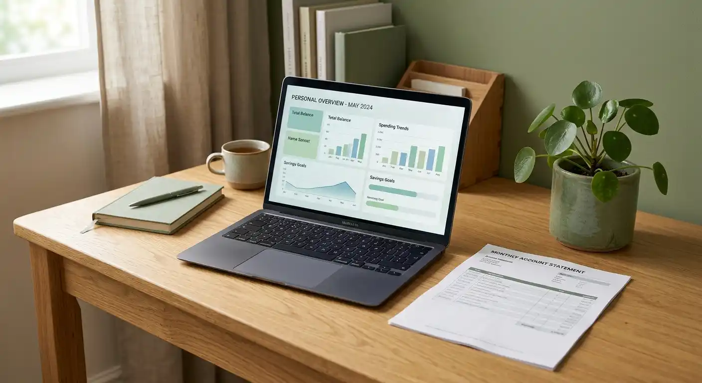Ruhiges Home-Office mit Laptop, Kontoauszug und Pflanze für verantwortungsvolles Spielen