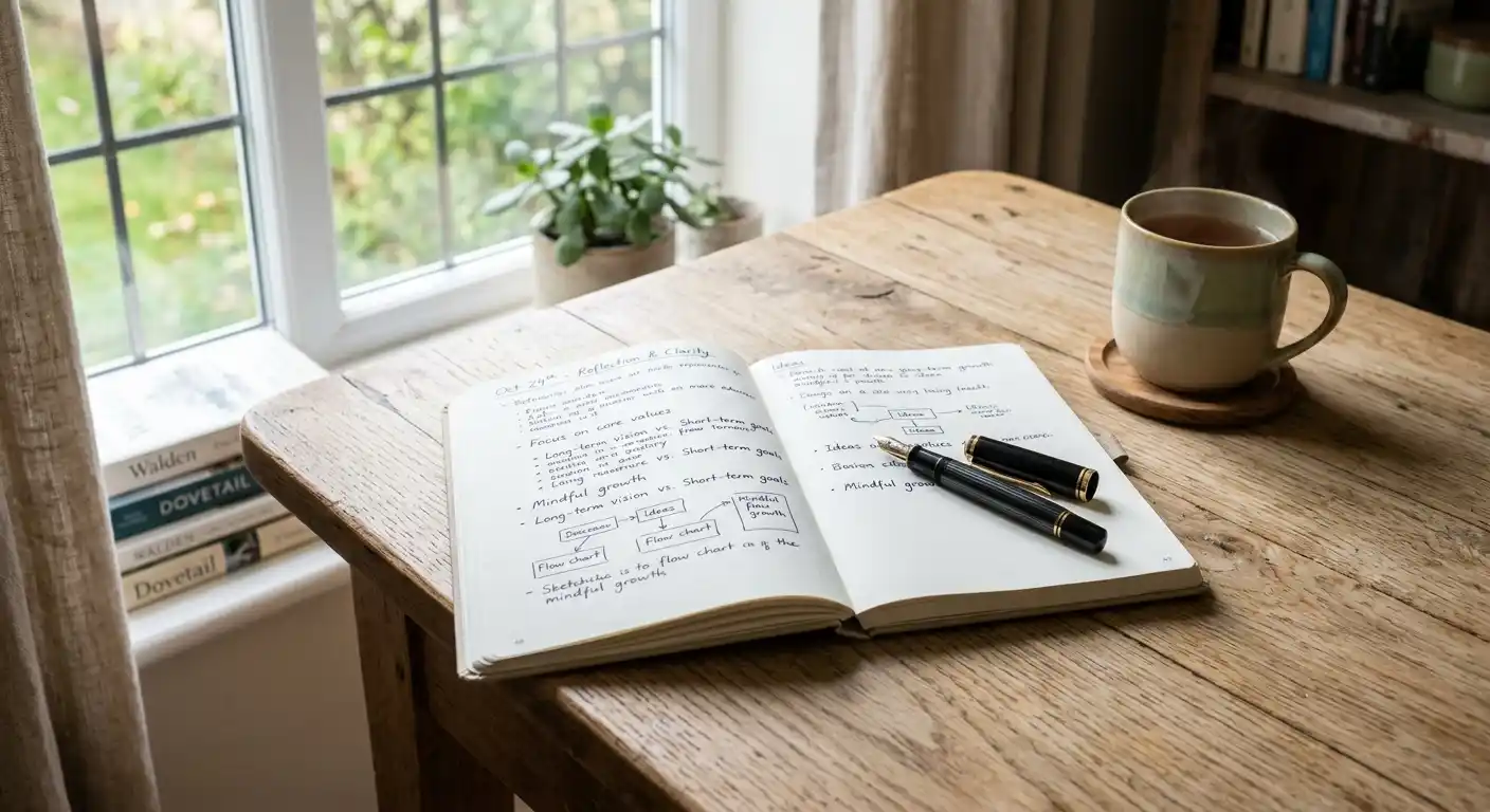 Ruhige Szene mit Notizbuch und Stift auf einem Schreibtisch, symbolisch für Selbstreflexion