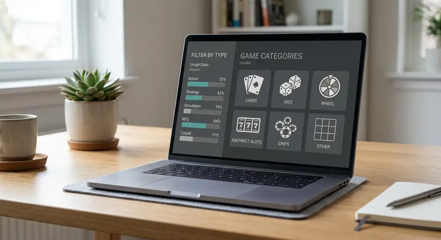 Laptop-Bildschirm mit Spielportfolio und Filteroptionen zur Spielgewichtung