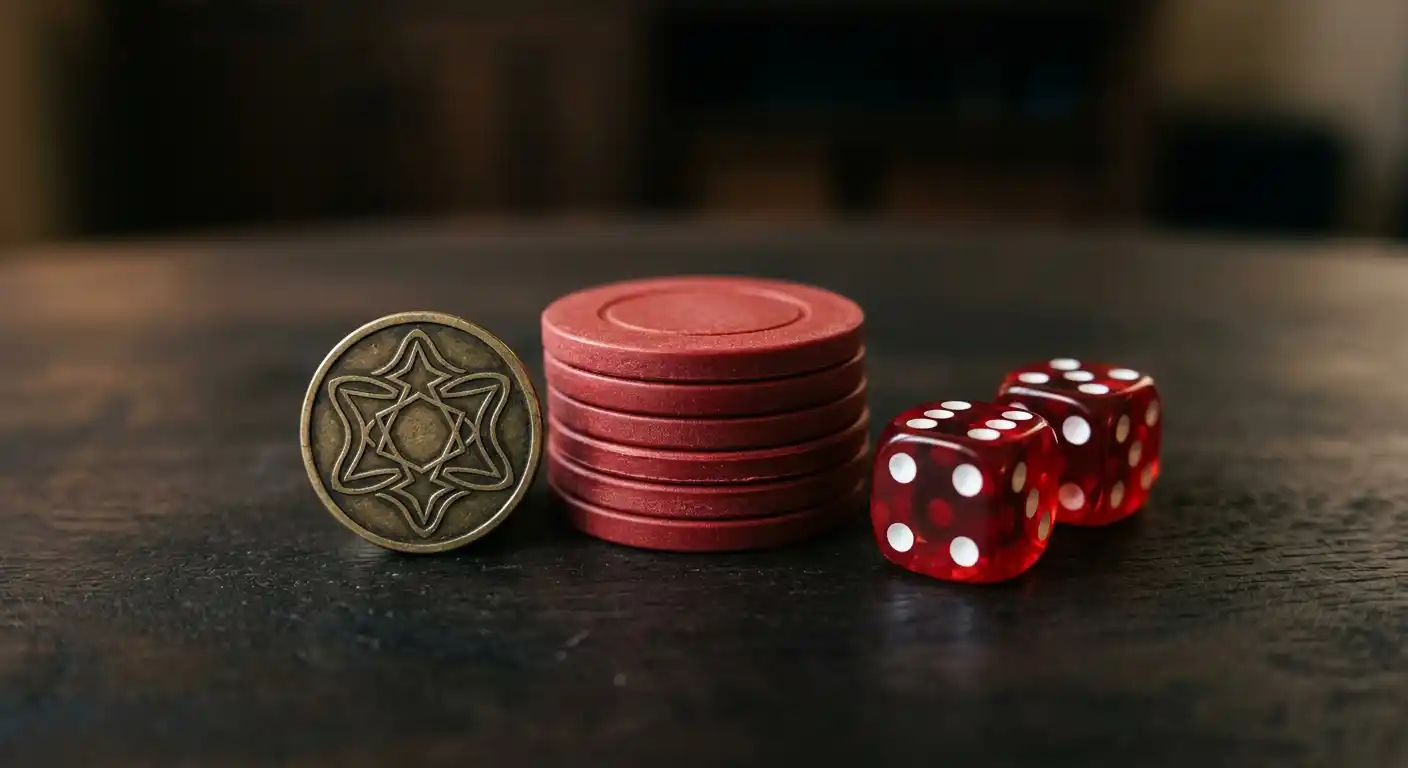 Spielgewichtung als Stillleben mit Chip-Token, Würfeln und Symbol-Markern