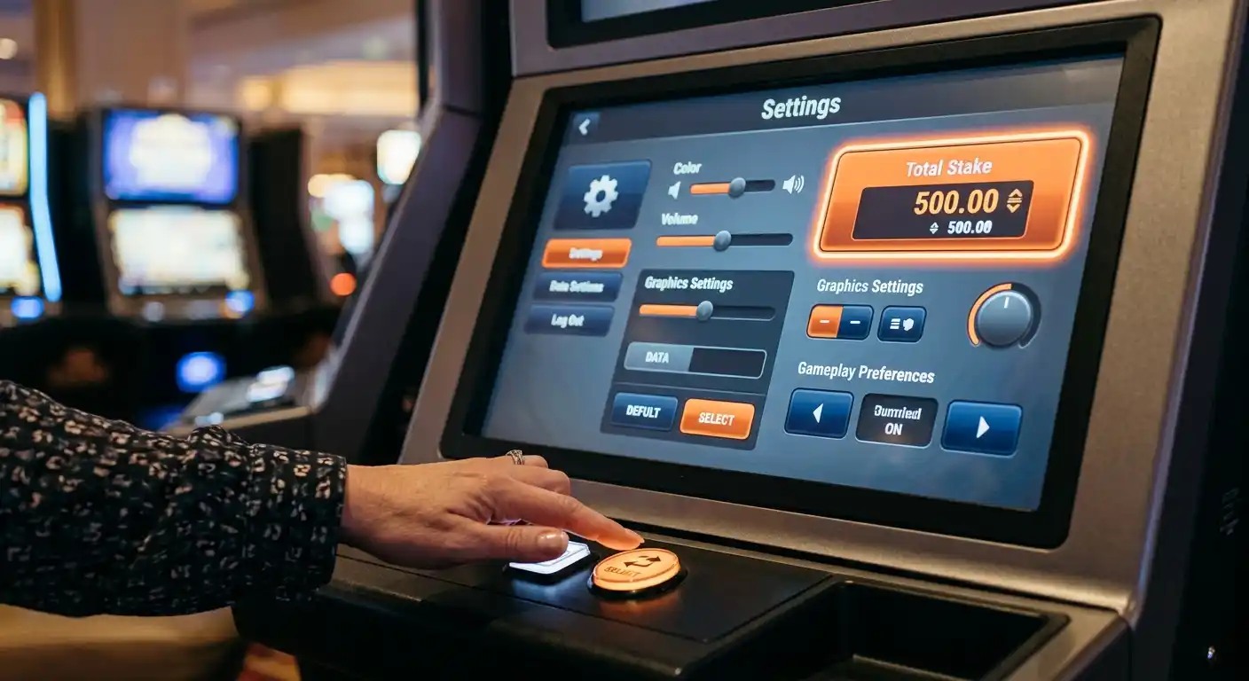 Nahaufnahme eines neutralen Spielautomaten-Menüs mit hervorgehobener Gesamteinsatzanzeige