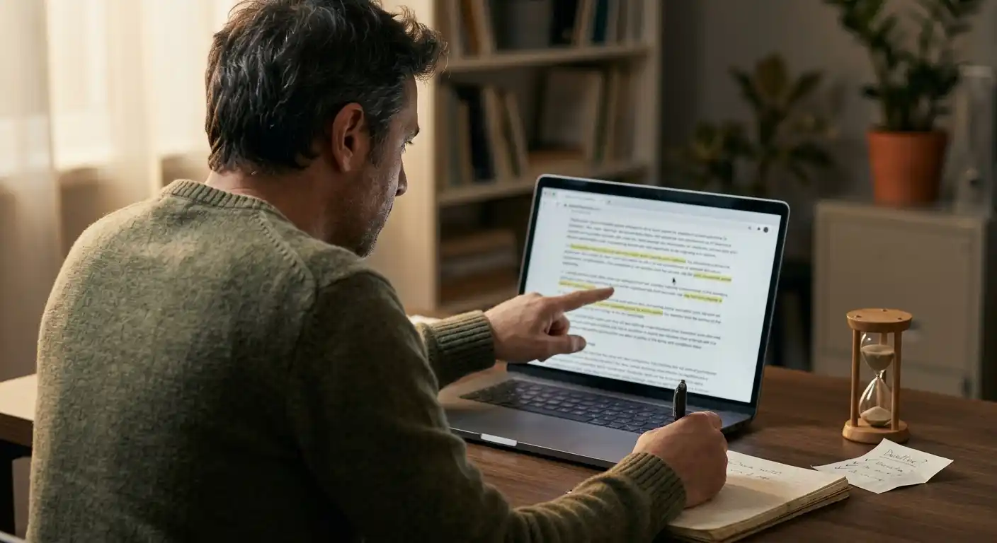 Person liest Bonusbedingungen auf einem neutralen Laptop neben einem Notizblock