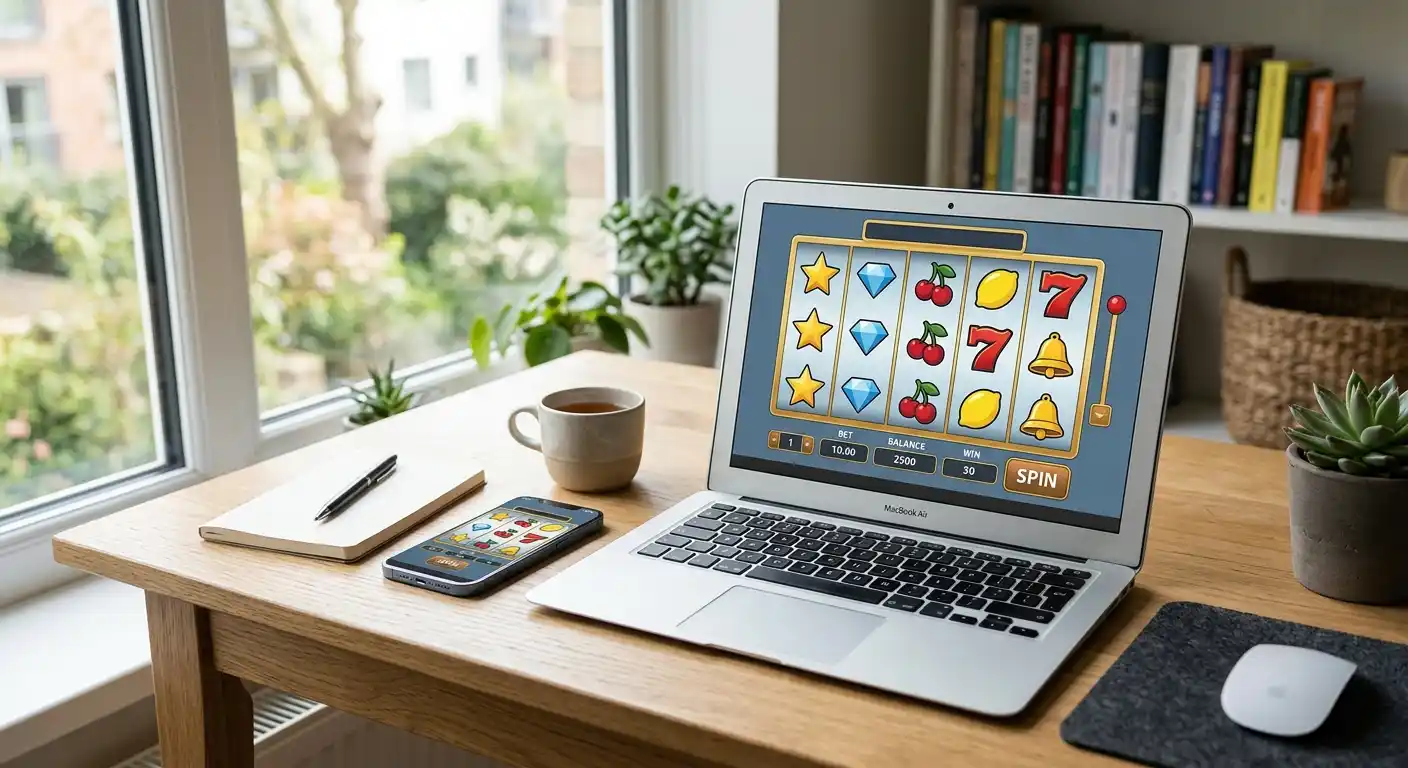 Laptop mit neutraler Slot-Demo und Smartphone für mobile Nutzung