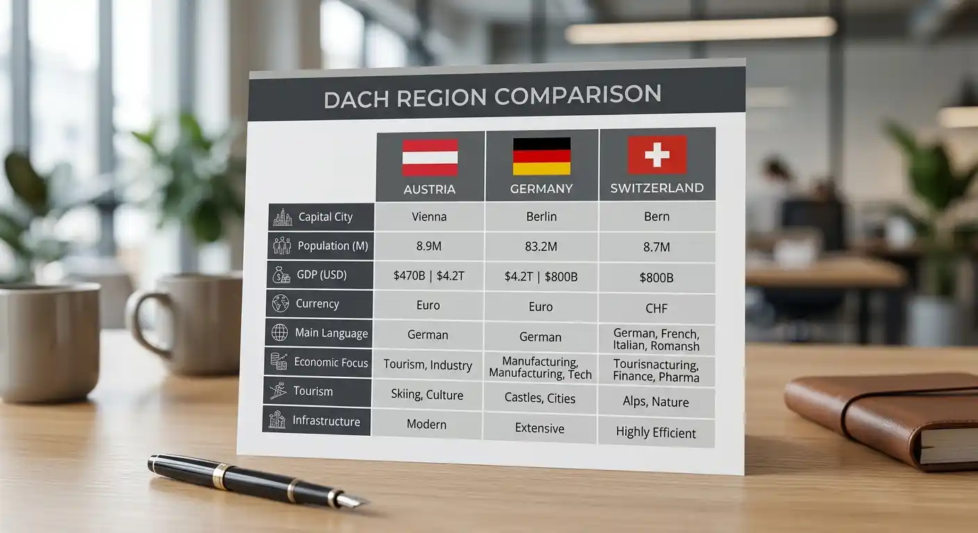 Vergleichstabelle mit Flaggen von Österreich, Deutschland und der Schweiz