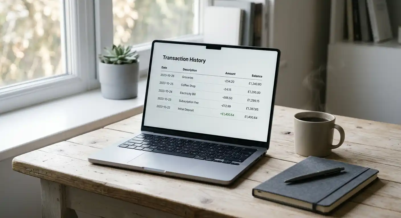 Ruhiger Arbeitsplatz mit Laptop, der eine schlichte Auszahlungshistorie ohne Markenbezug zeigt