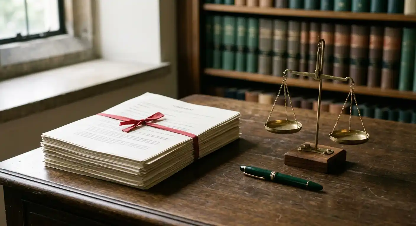 Schreibtisch mit juristischen Unterlagen, Stift und einer kleinen symbolischen Waage im Tageslicht