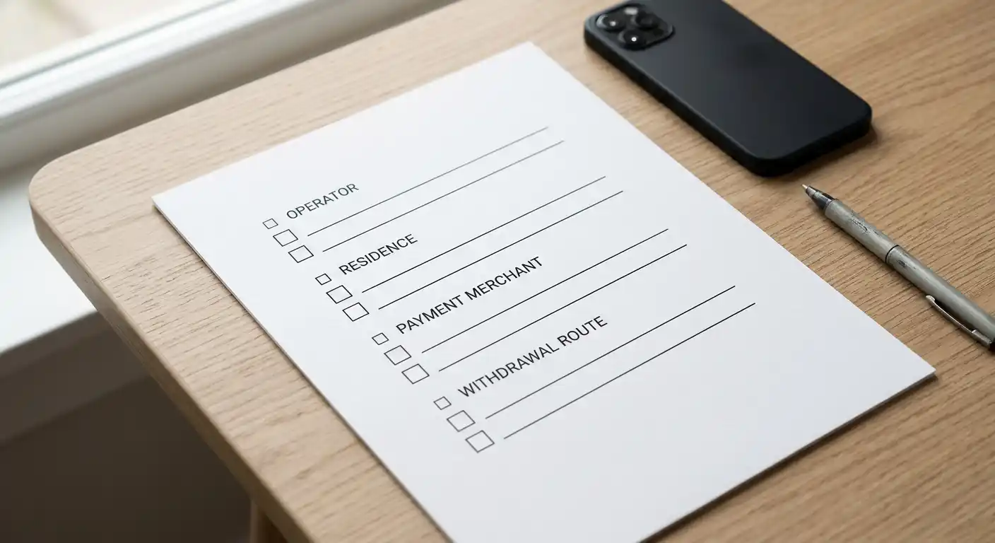 Checkliste für Betreiber, Wohnsitz, Händler und Auszahlung auf neutralem Papier