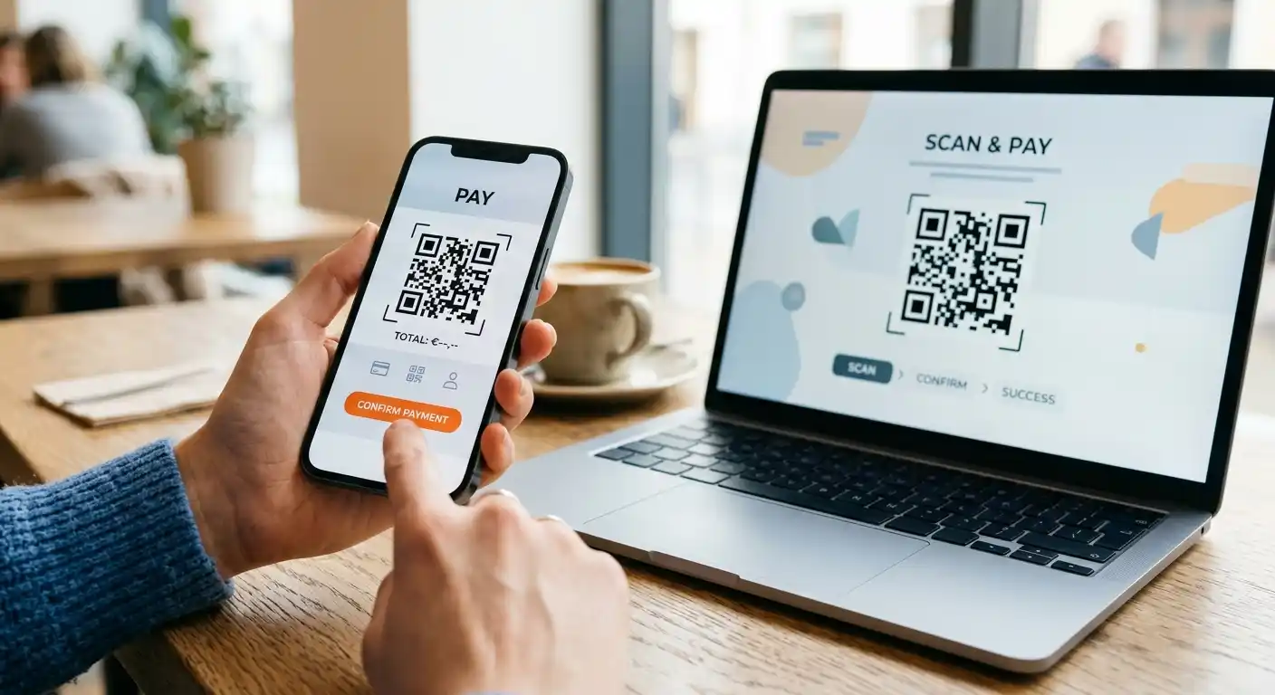 Neutraler Zahlungsablauf mit App-Bestätigung und QR-Code ohne Markenlogo