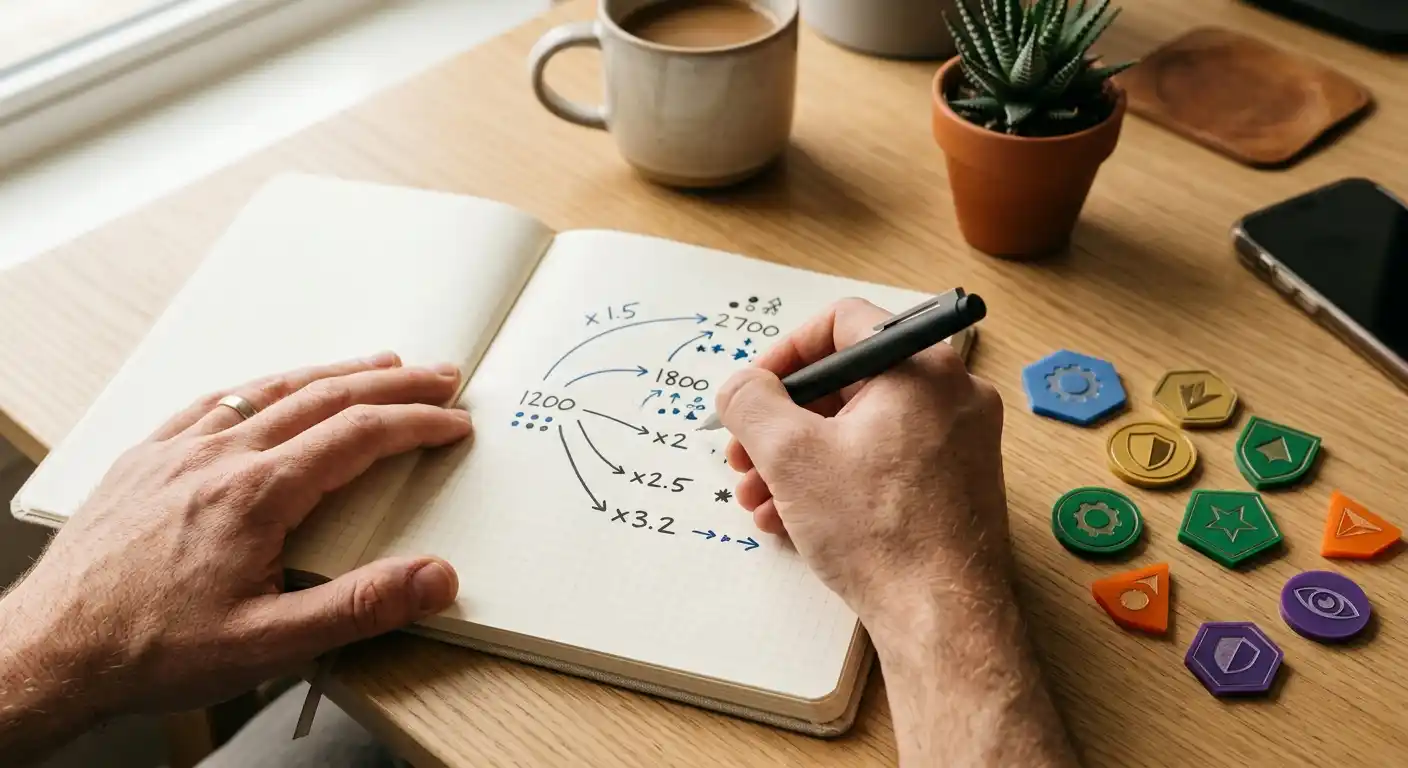 Notizblock mit handschriftlichem Umsatzweg neben neutralen Spielmarken ohne Nennwert
