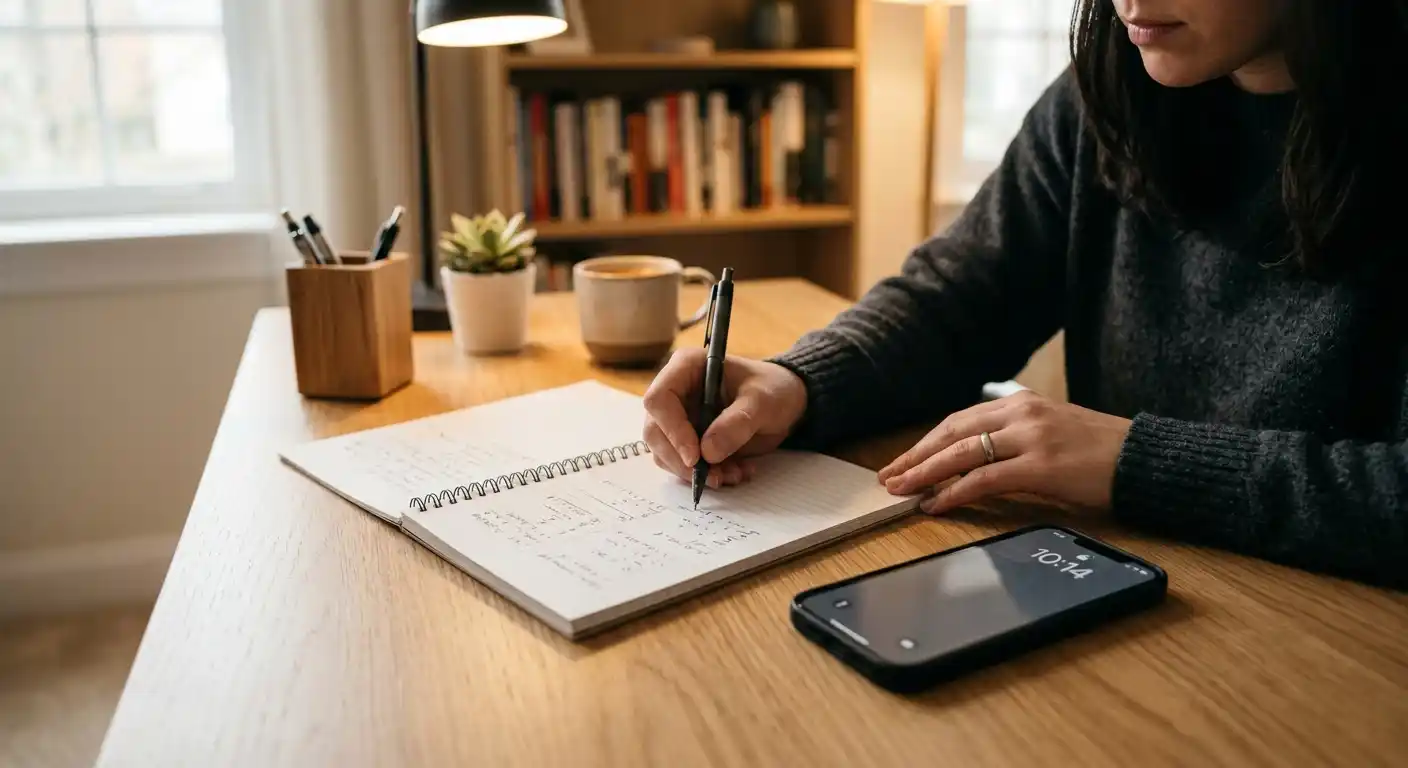 Person rechnet mit Stift und Notizblock den realen Wert eines Bonus aus