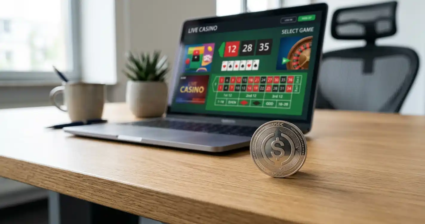 USDC-Token vor Laptop mit Casino-Interface im Hintergrund