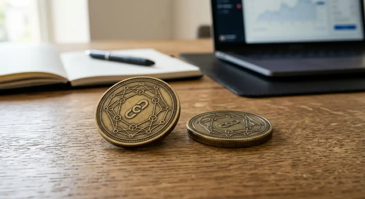 USDC und USDT Coins nebeneinander auf Schreibtisch