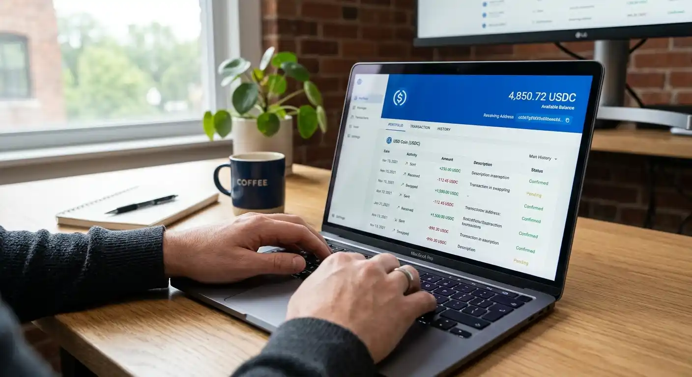 Krypto-Wallet auf Laptop-Screen mit USDC-Balance