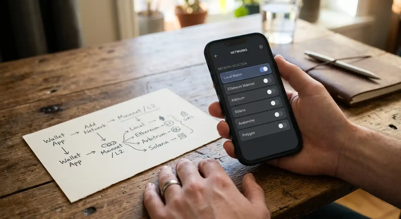 Smartphone-Wallet mit Auswahl verschiedener Blockchain-Netzwerke neben einem handschriftlichen Ablaufplan
