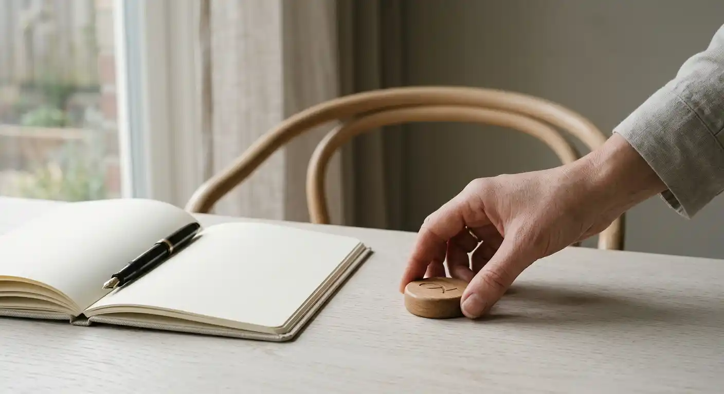 Hand auf einem Sperrknopf neben einem leeren Stuhl und einem Notizbuch