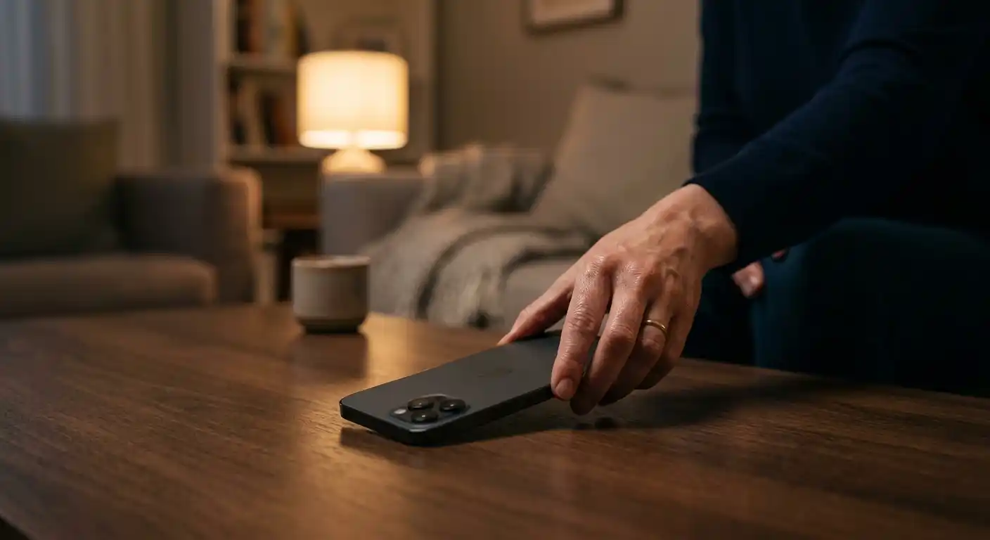 Hand legt ein Smartphone weg, im Hintergrund eine ruhige Abendszene